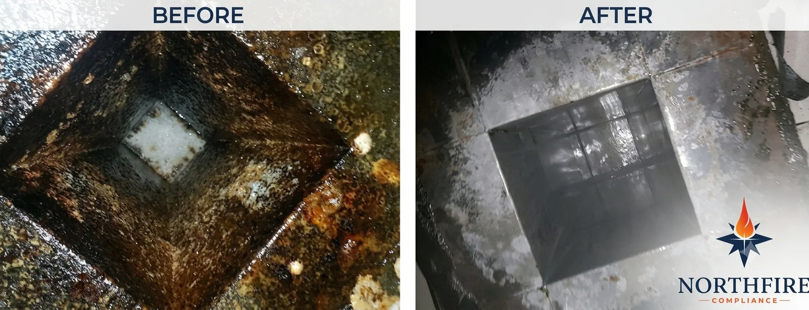 Kitchen exhaust duct run before and after cleaning, side by side