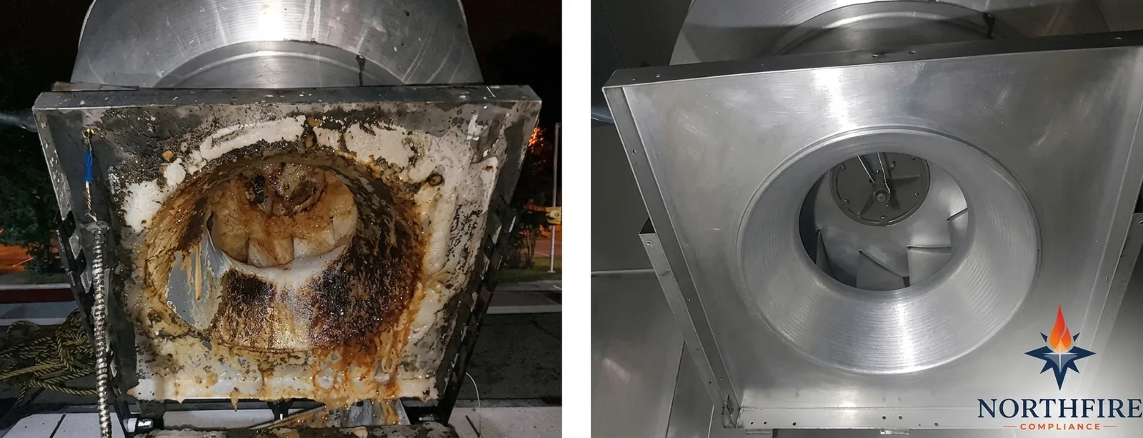 Rooftop exhaust fan housing before and after cleaning, side by side