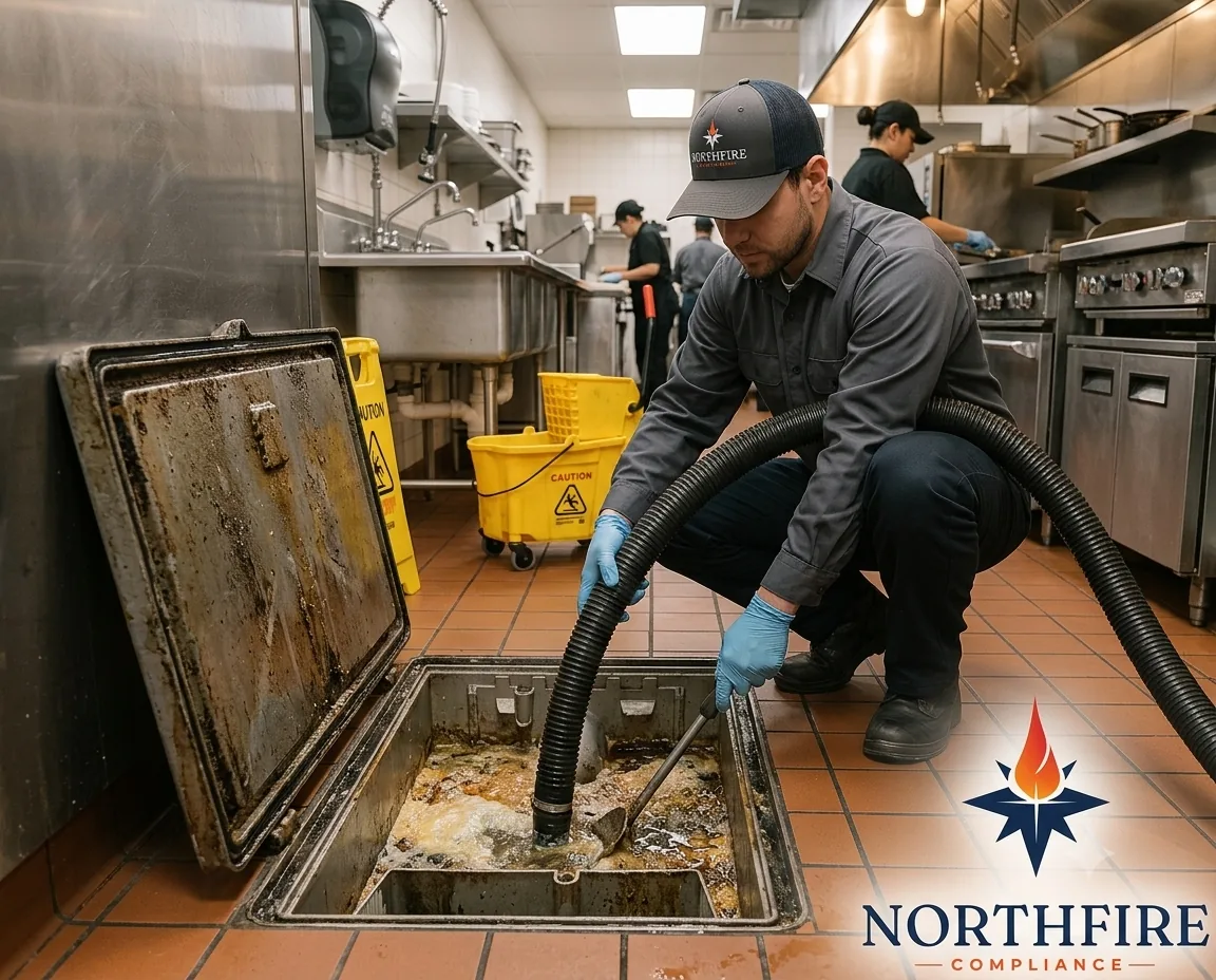 Technician servicing a commercial kitchen grease trap