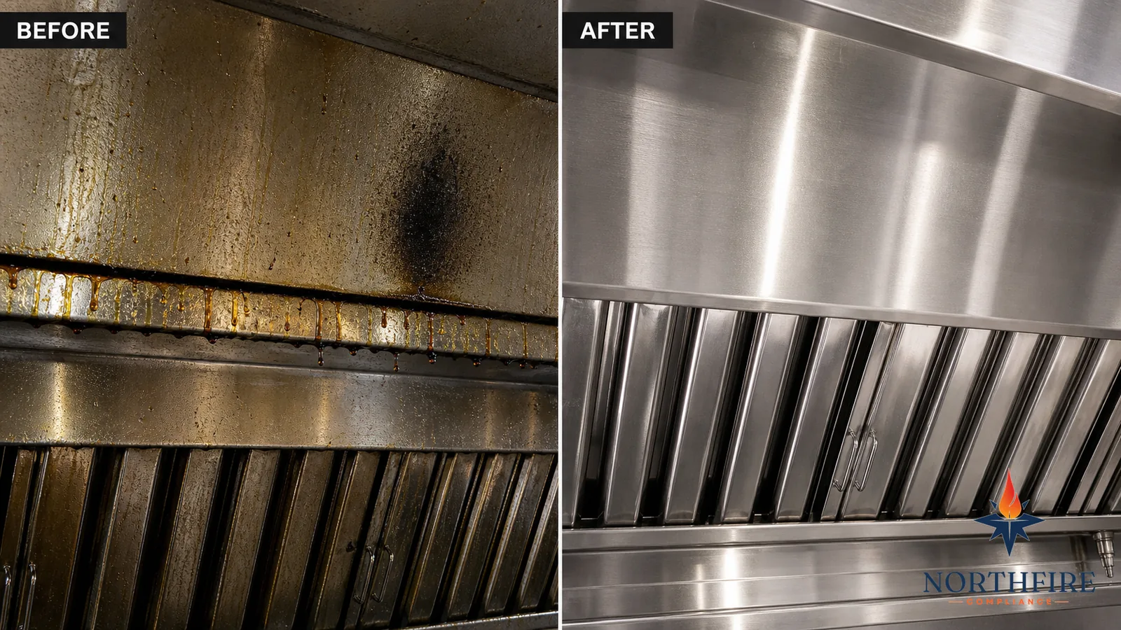 Commercial kitchen hood before and after NFPA 96 cleaning
