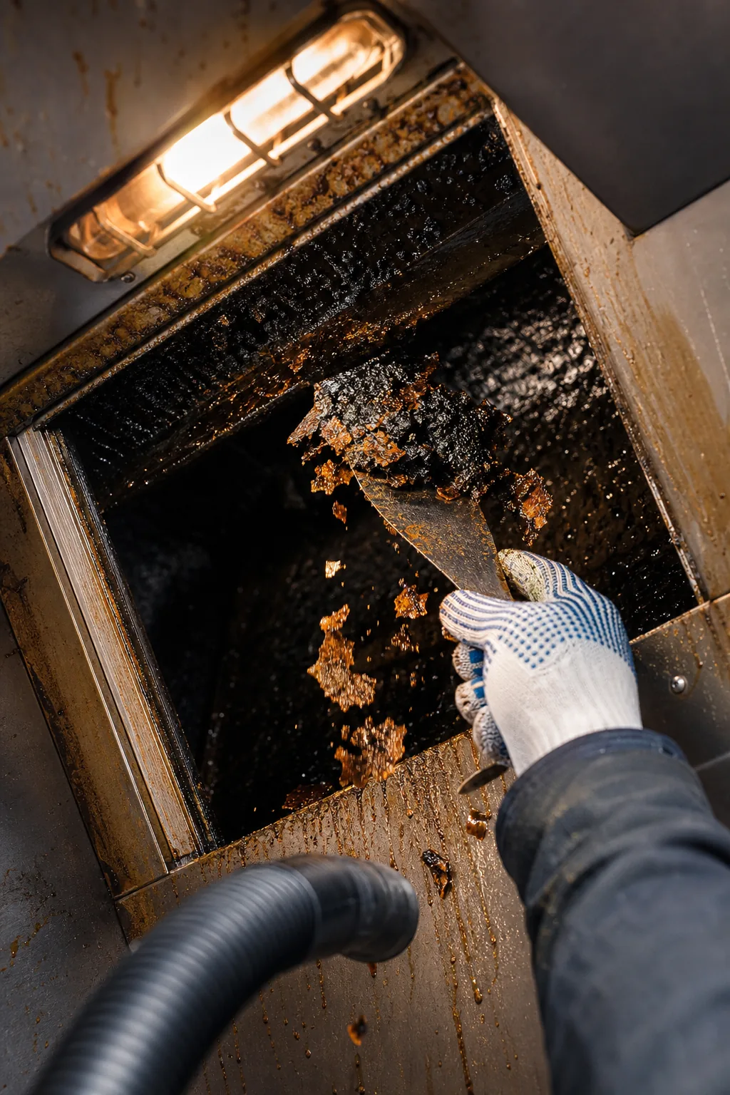 Technician scraping commercial kitchen equipment down to bare metal