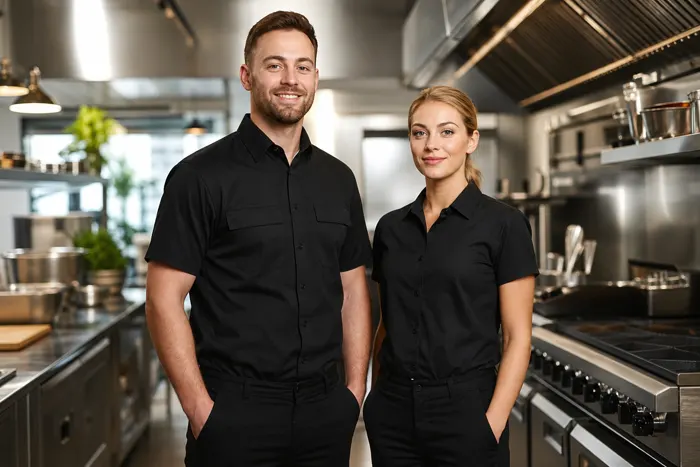 Northfire technicians standing in a commercial kitchen in front of a stainless exhaust hood