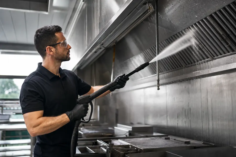 Technician pressure-washing a commercial kitchen hood interior