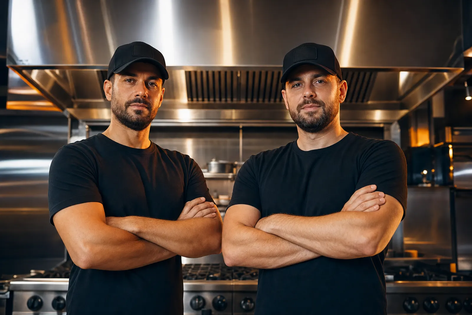 Two Northfire technicians standing in a commercial kitchen in front of a stainless exhaust hood