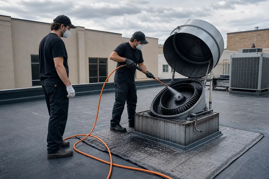 Two technicians pressure-washing the interior of an open rooftop exhaust fan housing